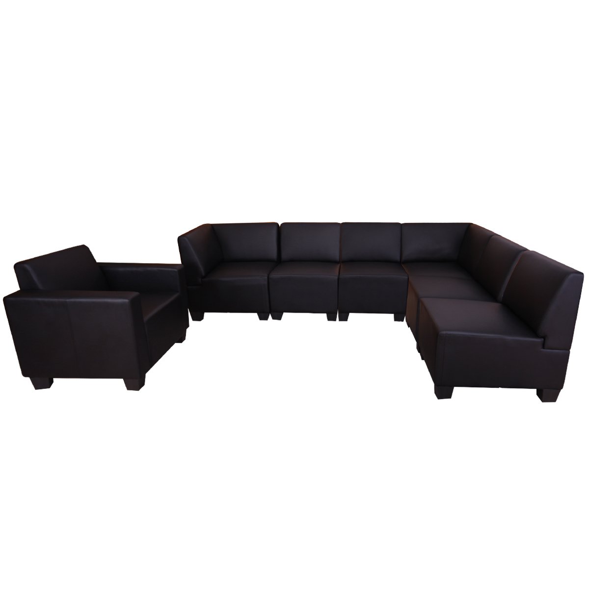 Sofa Modular LYON en 6 piezas + 1 Sillón, Gran acolchado, tapizado en Piel sintetica Negro