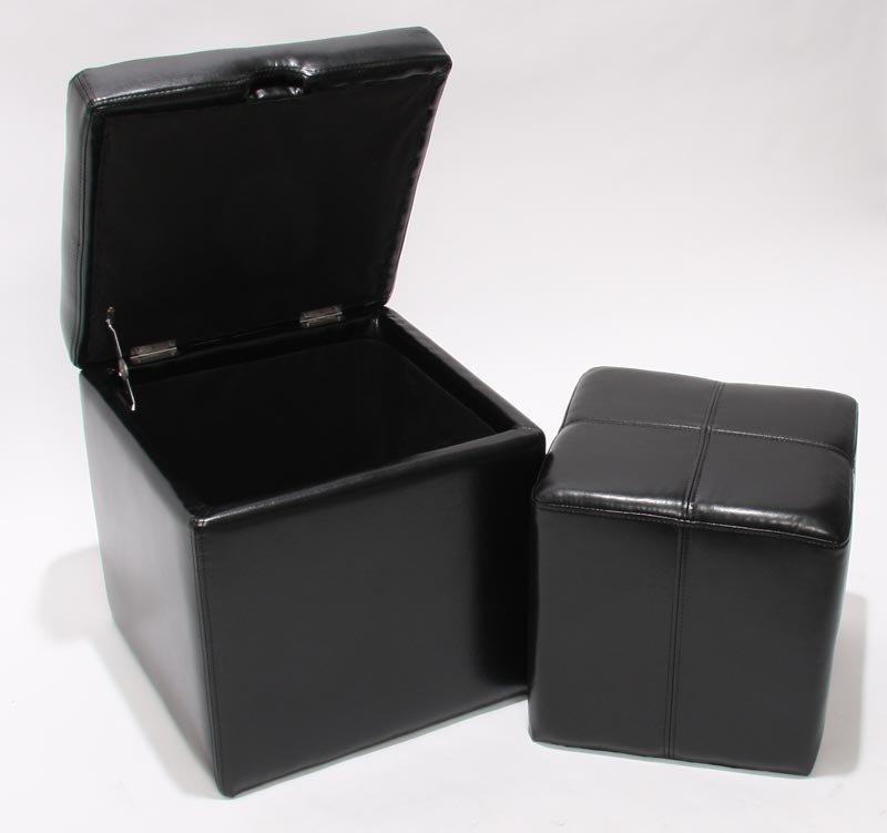 Lote de 2 taburetes de cubo de caja de almacenamiento de las heces Onex, CUERO, 45x44x44cm ~ negro