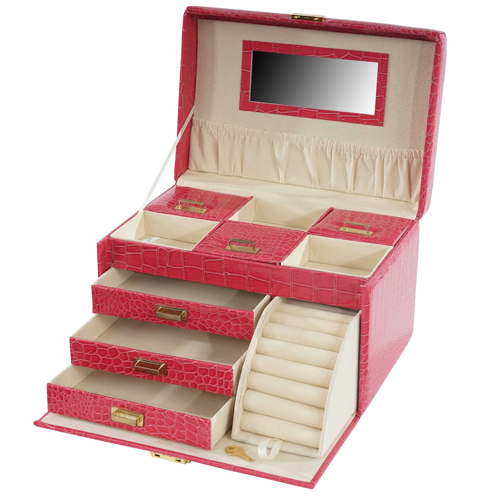 Joyero modelo MONACO en piel tipo cocodrilo, color rosa - Homy.es