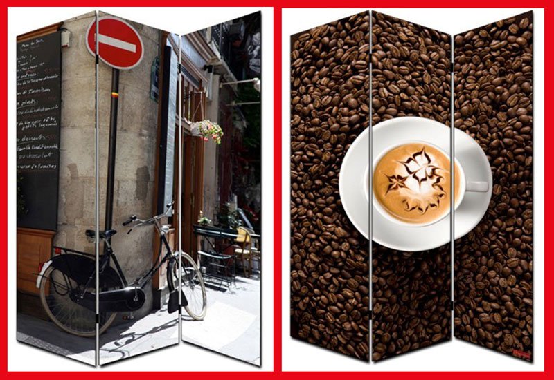 Biombo separador M68, dimensiones 180x120cm, decorado ambas caras, diseño café/calle