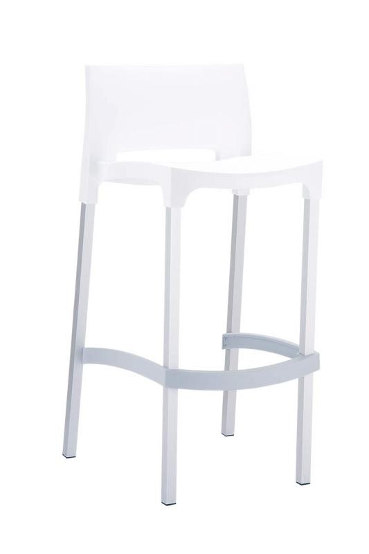 Taburete de Diseño GIOVANNI, apilable, en aluminio anodizado, ámplio asiento en polipropileno blanco