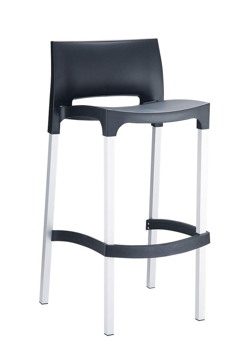 Taburete de Diseño GIOVANNI, apilable, en aluminio anodizado, ámplio asiento en polipropileno negro