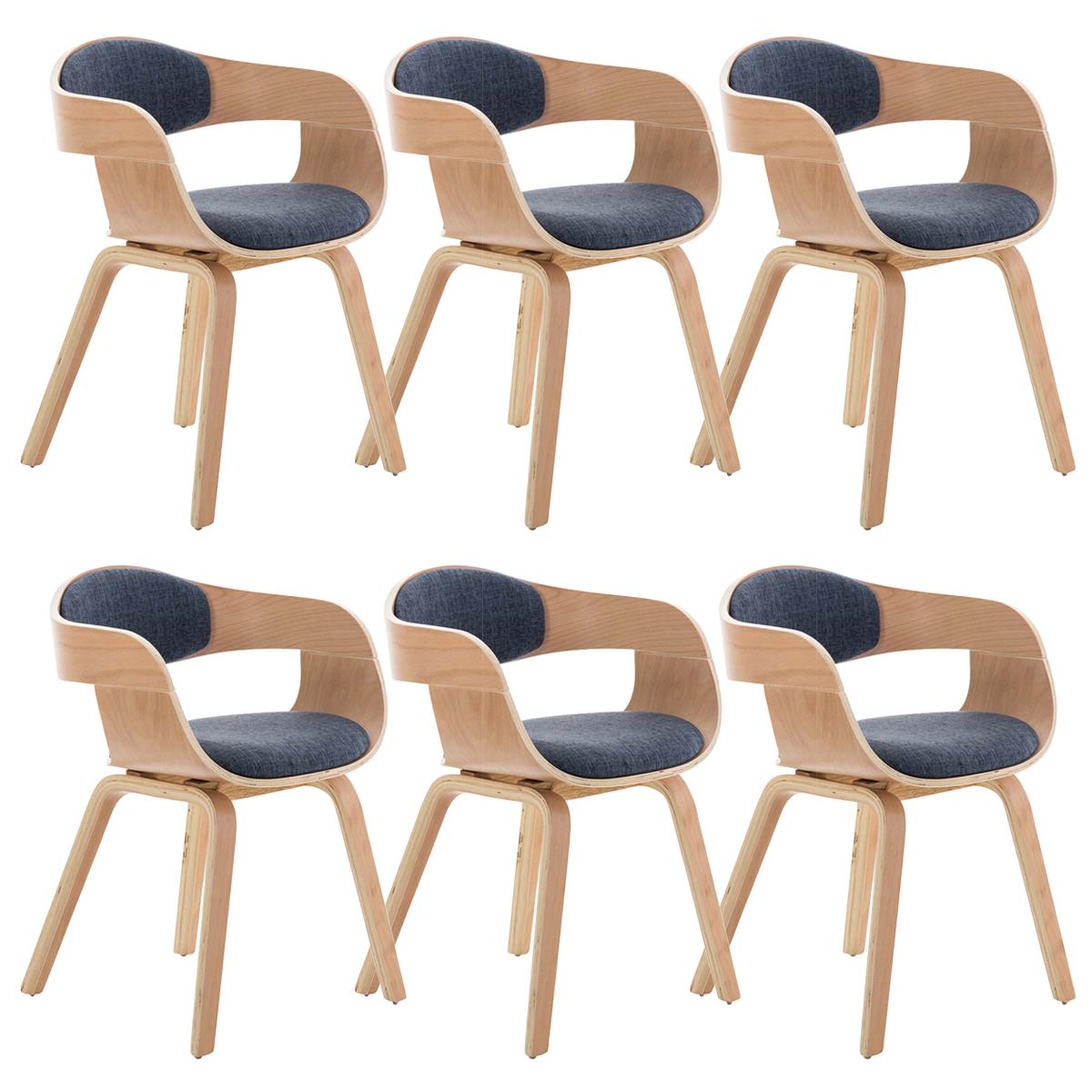 Lote de 6 sillas de Comedor BOLONIA, en Tela Azul, Estructura de Madera color Natural
