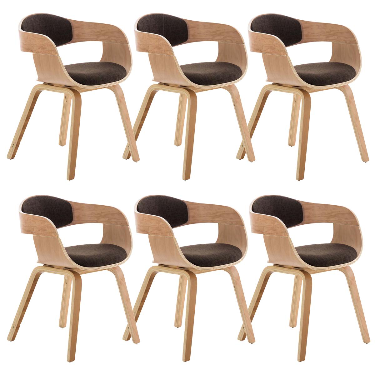 Lote de 6 sillas de Comedor BOLONIA, en Tela Marrón, Estructura de Madera color Natural