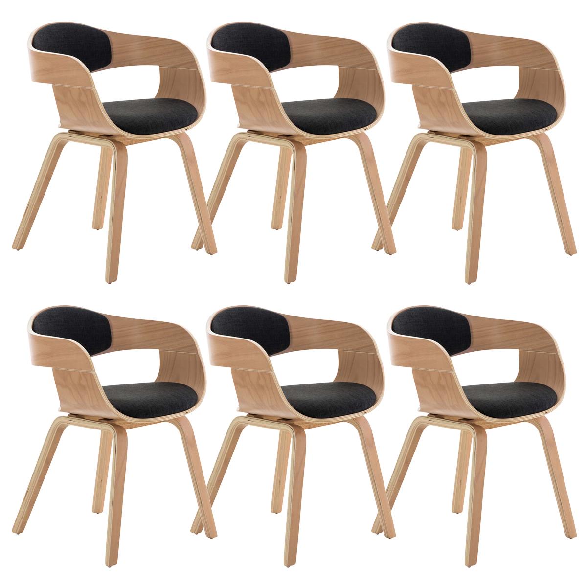 Lote de 6 sillas de Comedor BOLONIA, en Tela Gris Oscuro, Estructura de Madera color Natural