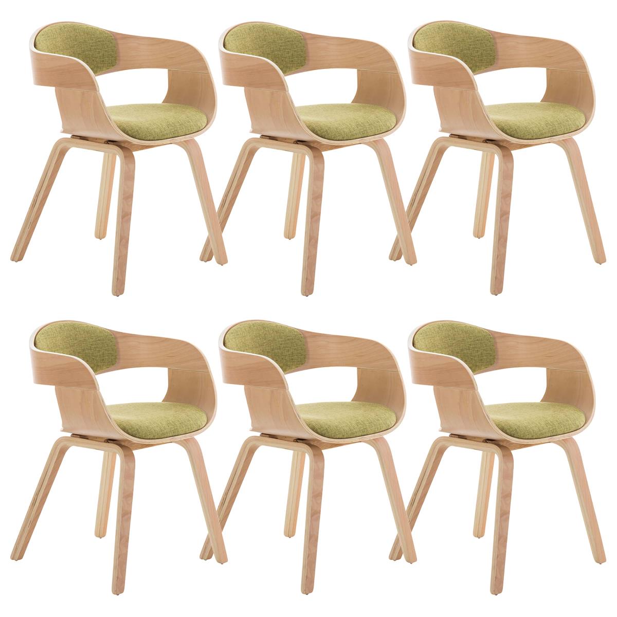 Lote de 6 sillas de Comedor BOLONIA, en Tela Verde, Estructura de Madera color Natural