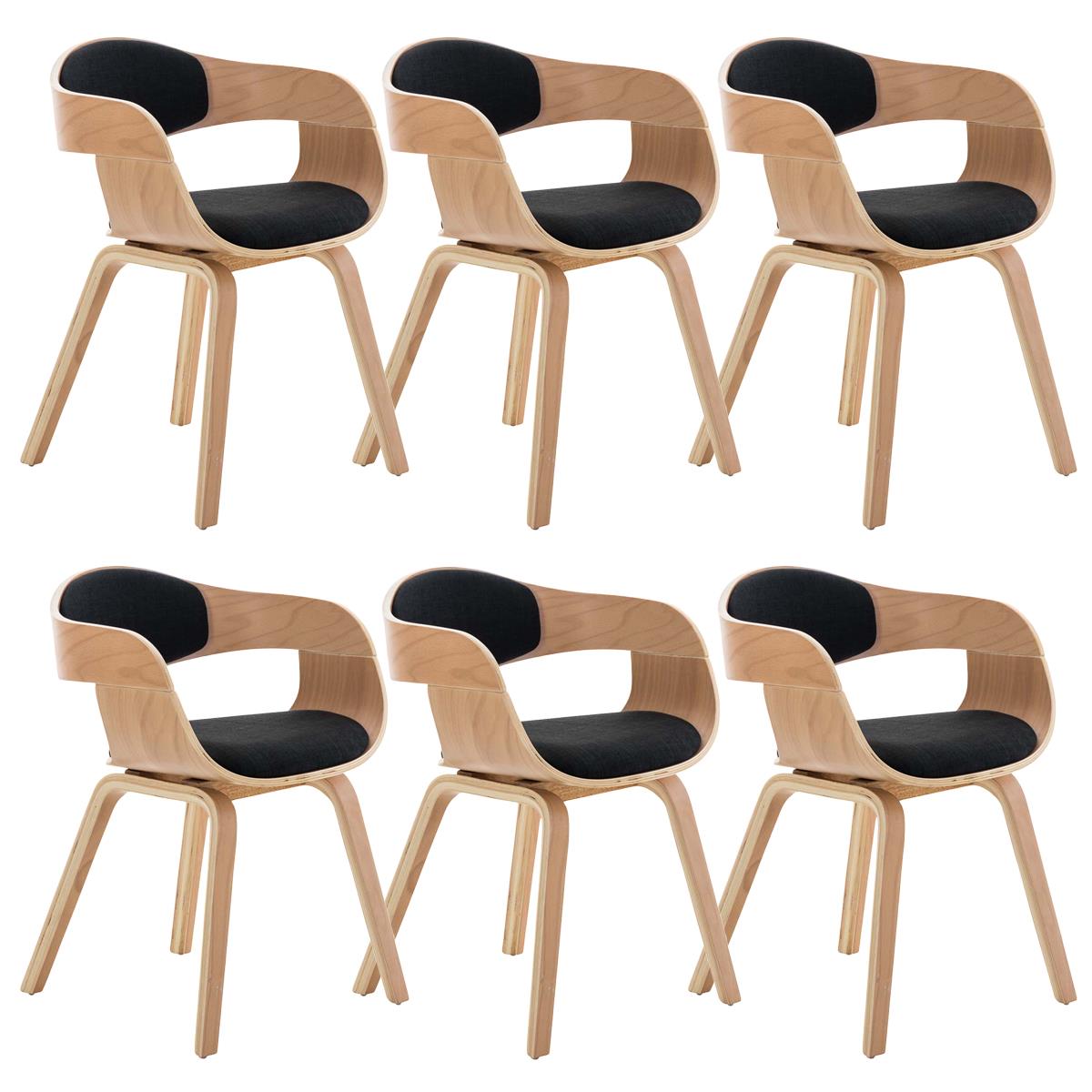 Lote de 6 sillas de Comedor BOLONIA, en Tela Negra, Estructura de Madera color Natural