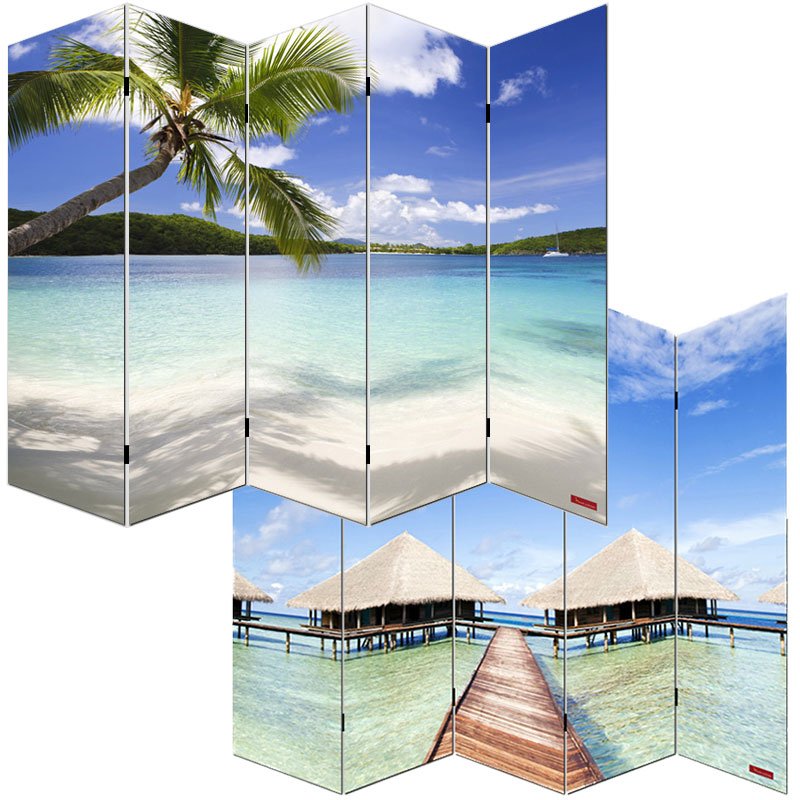 Biombo separador M68, dimensiones 180x200cm, decorado ambas caras, diseño playa