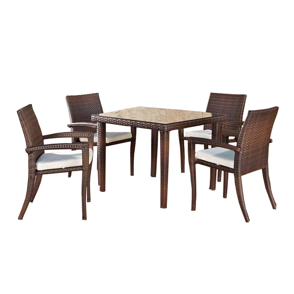 Conjunto Muebles de Jardín BARLI, en poly ratán: Mesa 90x90cm + 4 sillas, color marrón moteado