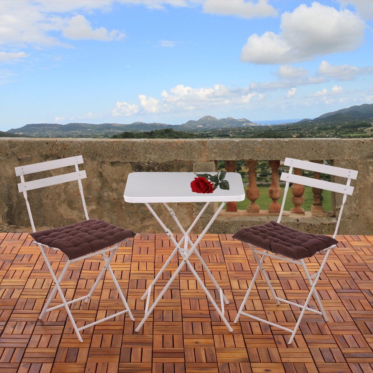 Conjunto de 2 Sillas + Mesa para Terraza o Jardín en metal Blanco muy Resistente, Con cojines