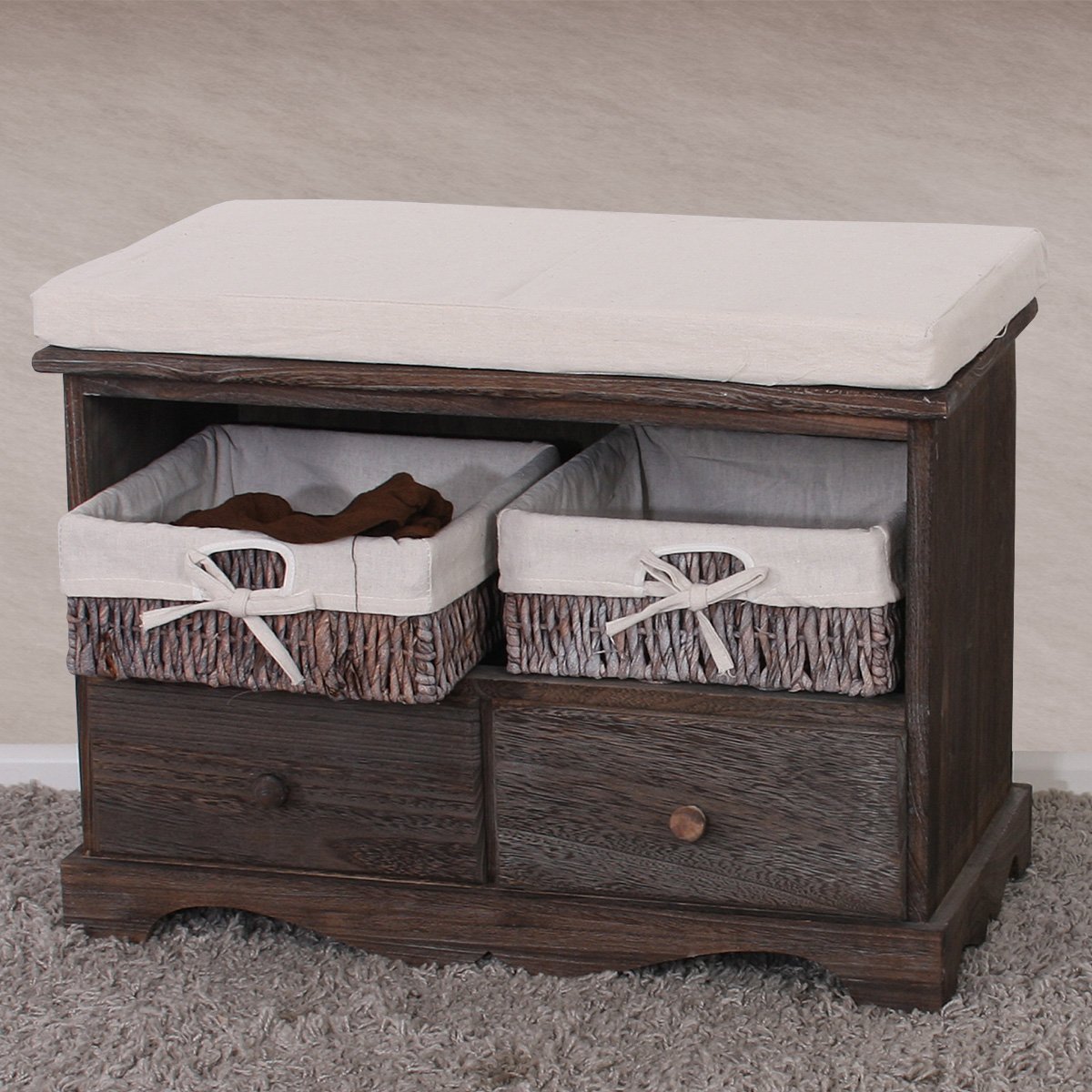 Banco con 2 cestas 42x62x33cm, bonito diseño estilo vintage marrón