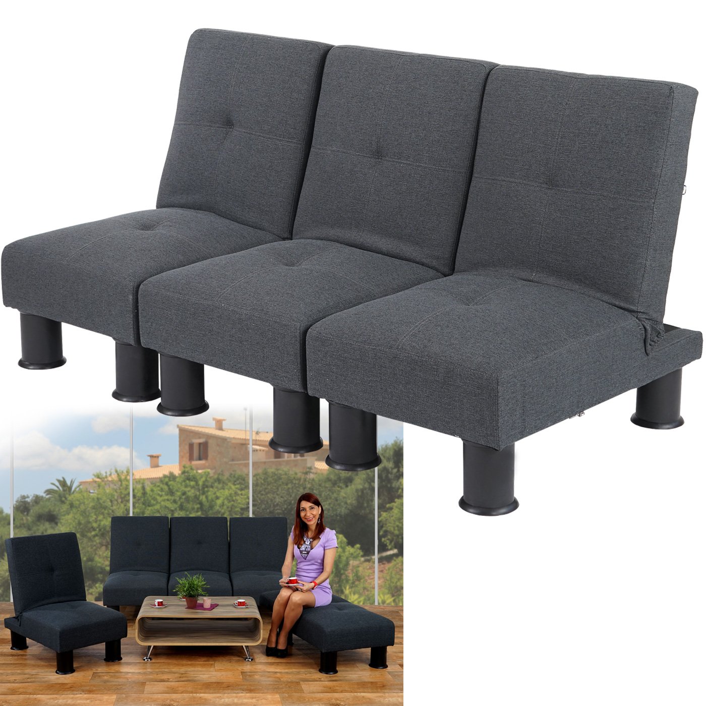 Sofa Cama modular 3 piezas MELBOURNE textil gris antracita Homy.es