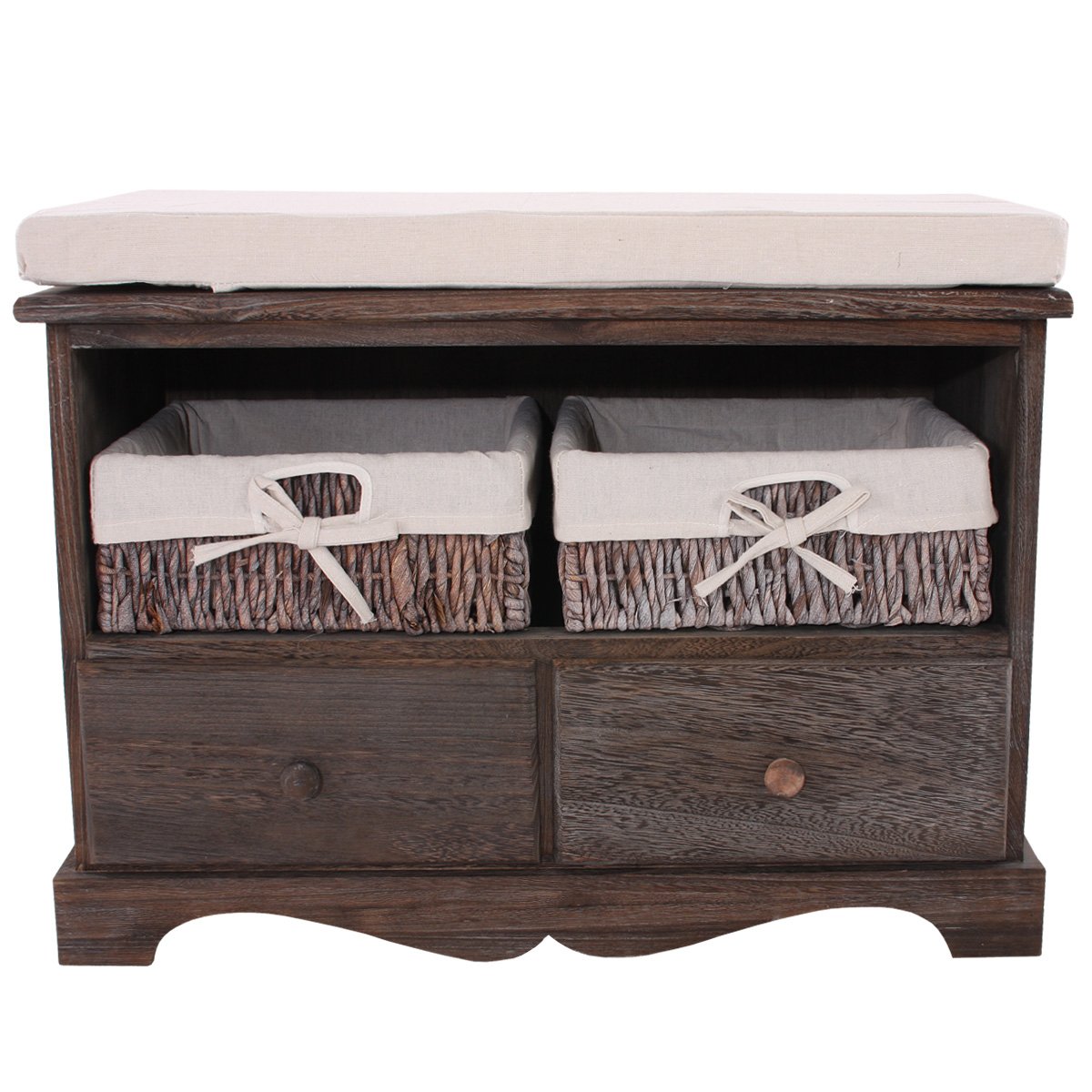 Banco con 2 cestas 42x62x33cm, bonito diseño estilo vintage marrón