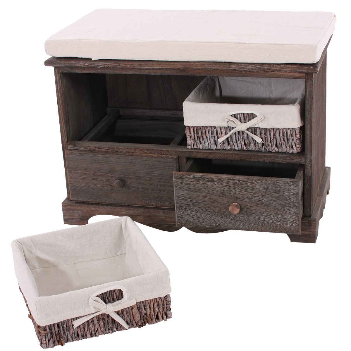Banco con 2 cestas 42x62x33cm, bonito diseño estilo vintage marrón